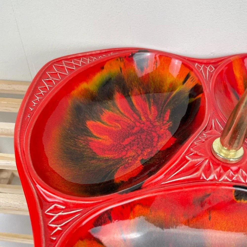 California Original Pottery Vintage MCM Red Orange Relish Tray Platter 3 Section